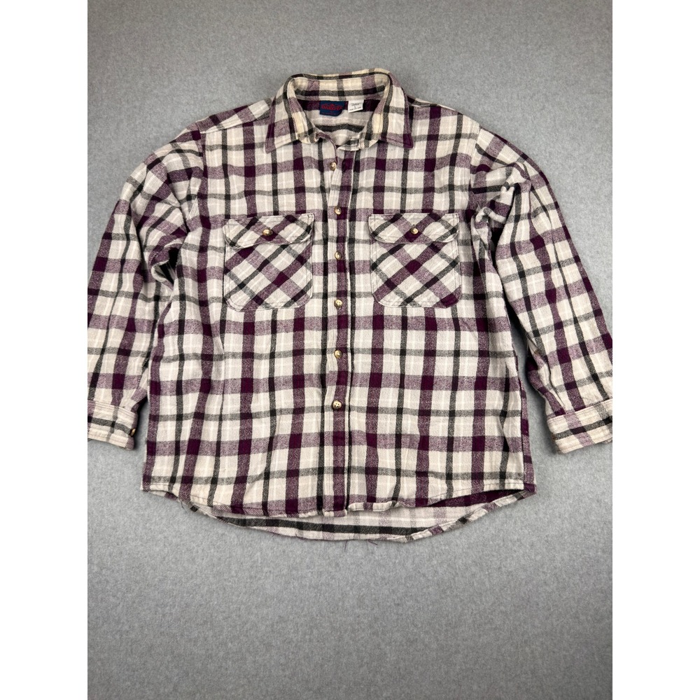 Vintage Dakota Flannel Shirt Large Purple Black White Plaid Long Sleeve Cotton